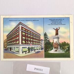 Francis Scott Key Hotel & Grave Monument Frederick MD Vtg Linen Postcard 1951
